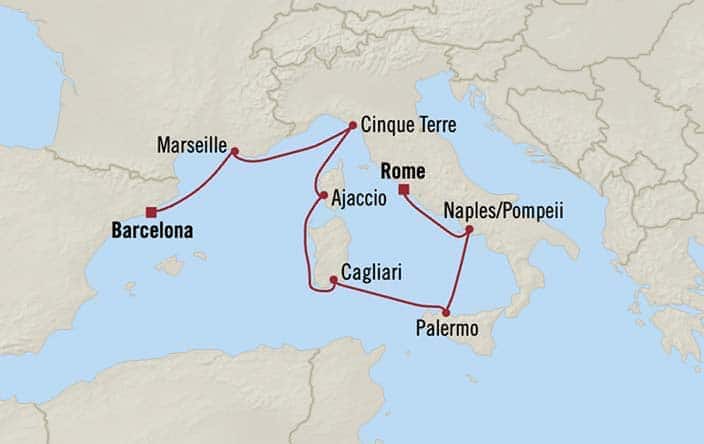 Carte de l’itinéraire Insignia, Barcelone → Rome (Civitavecchia)