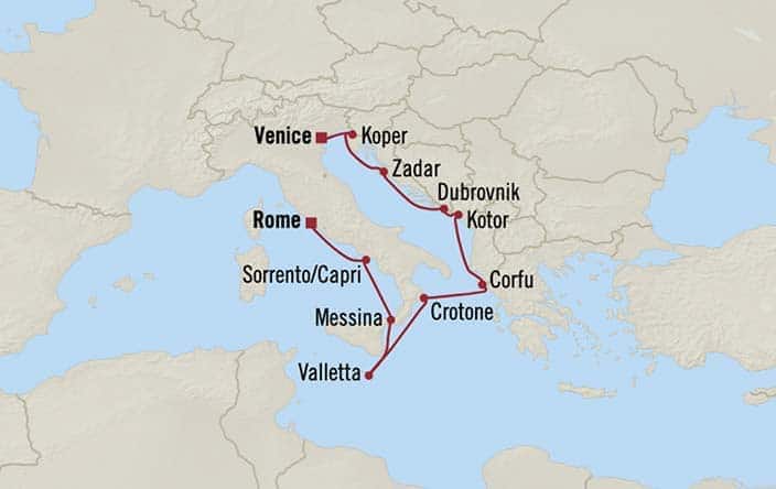 Carte de l’itinéraire Insignia, Rome (Civitavecchia) → Venise