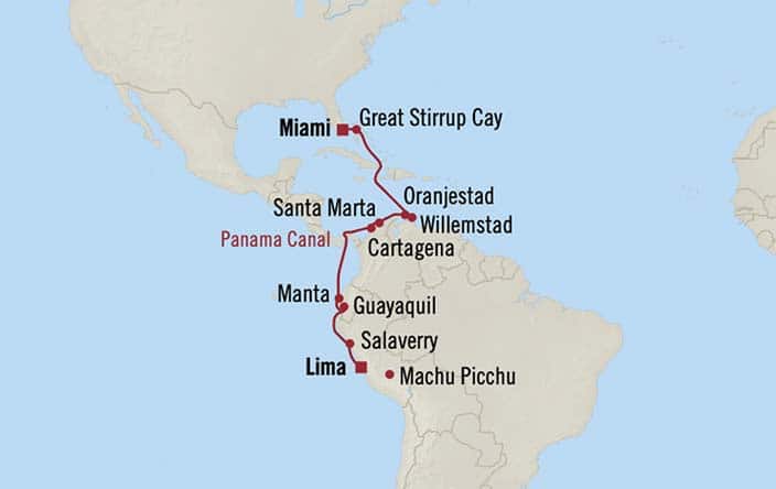 Carte de l’itinéraire Insignia, Miami → Lima/Machu Picchu (Callao), Pérou