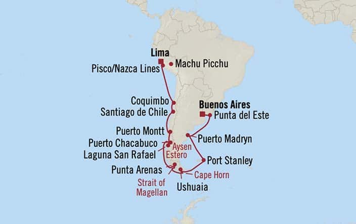 Carte de l’itinéraire Insignia, Lima/Machu Picchu (Callao) → Buenos Aires