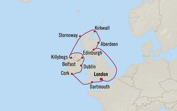 Carte de l’itinéraire Insignia, Aller-retour au départ de Londres (Southampton)