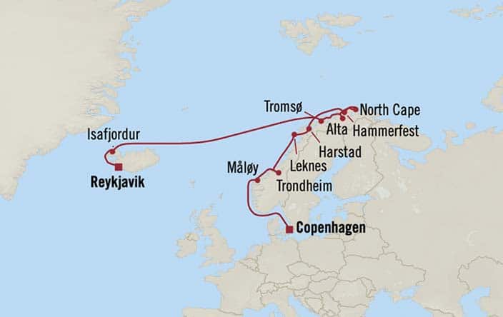Carte de l’itinéraire Insignia, Copenhague → Reykjavík