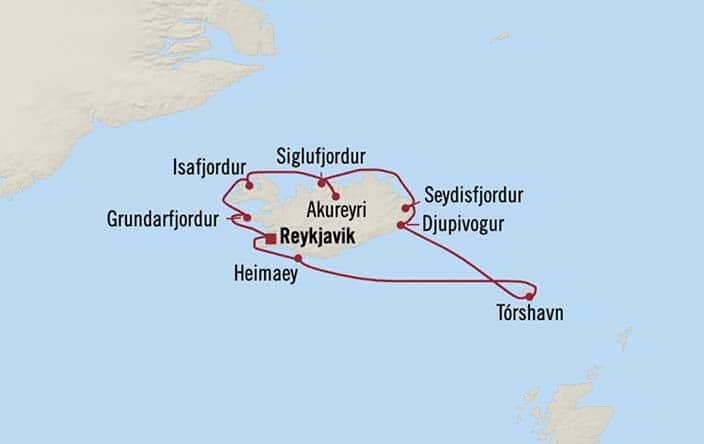 Carte de l’itinéraire Insignia, Aller-retour au départ de Reykjavík