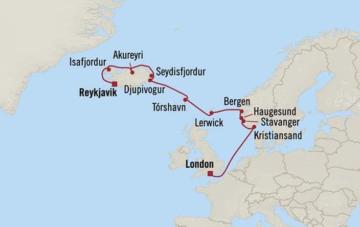 Carte de l’itinéraire Insignia, Reykjavík → Londres (Southampton)
