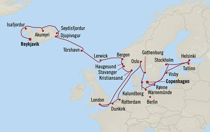 Carte de l’itinéraire Insignia, Reykjavík → Copenhague