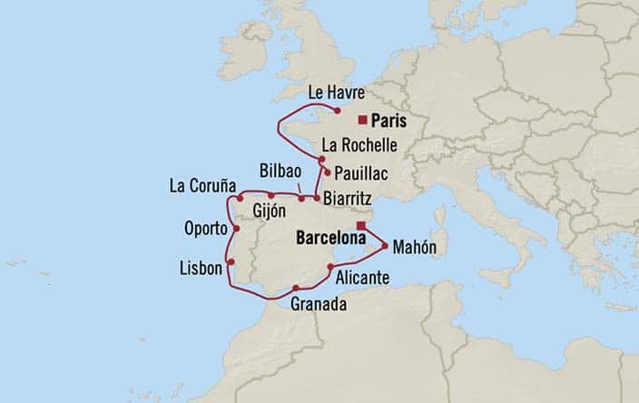 Carte de l’itinéraire Insignia, Paris (Le Havre) → Barcelone