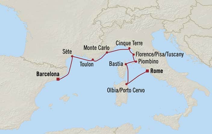 Carte de l’itinéraire Insignia, Barcelone → Rome (Civitavecchia)
