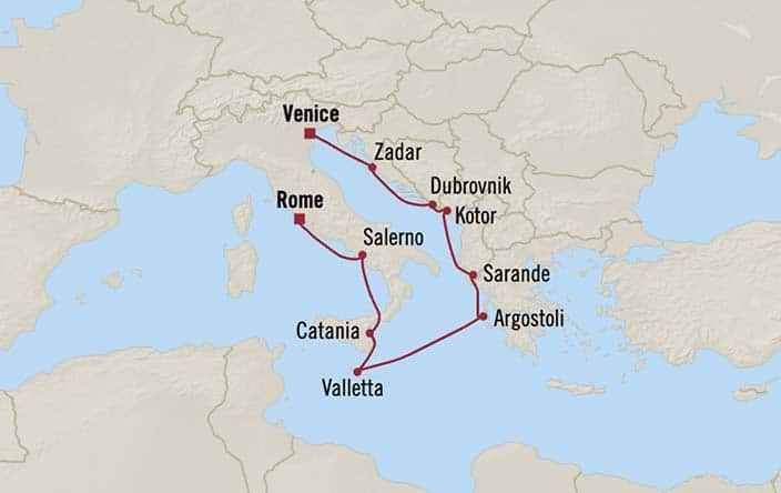 Carte de l’itinéraire Insignia, Rome (Civitavecchia) → Venise