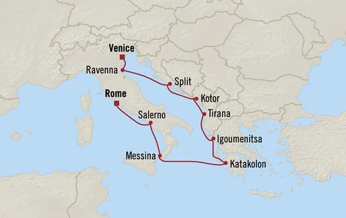 Carte de l’itinéraire Insignia, Venise → Rome (Civitavecchia)