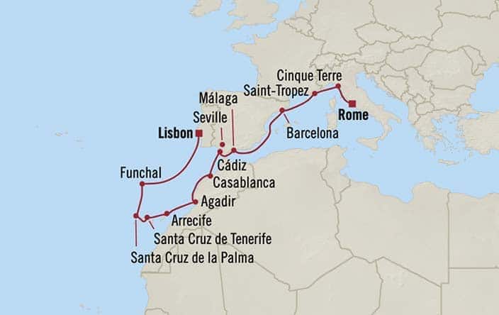 Carte de l’itinéraire Marina, Rome (Civitavecchia) → Lisbonne