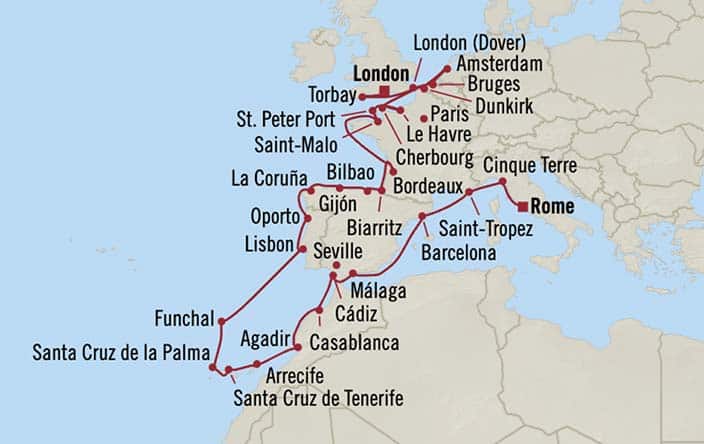 Carte de l’itinéraire Marina, Rome (Civitavecchia) → Londres (Southampton)