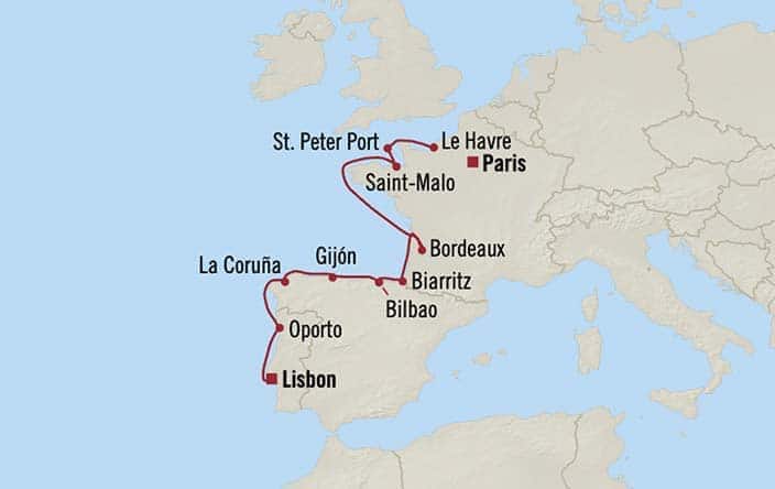 Carte de l’itinéraire Marina, Lisbonne → Paris (Le Havre)
