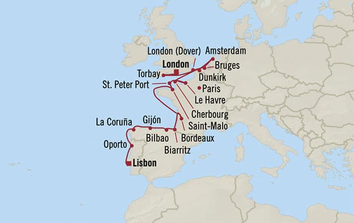 Carte de l’itinéraire Marina, Lisbonne → Londres (Southampton)