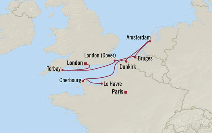 Carte de l’itinéraire Marina, Paris (Le Havre) → Londres (Southampton)