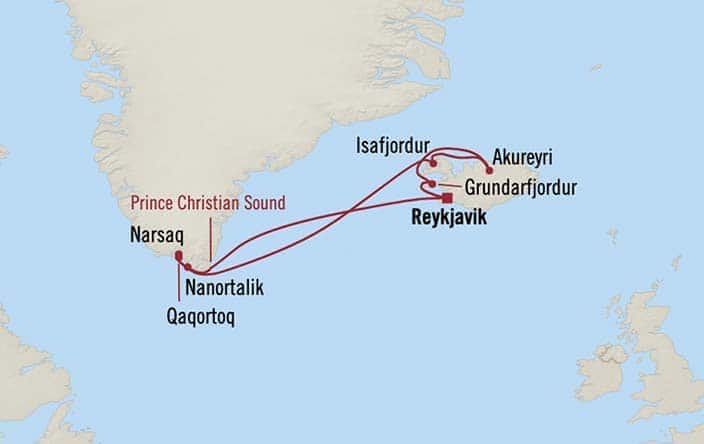 Carte de l’itinéraire Marina, Aller-retour au départ de Reykjavík