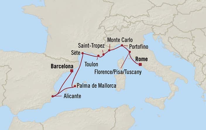 Carte de l’itinéraire Marina, Barcelone → Rome (Civitavecchia)