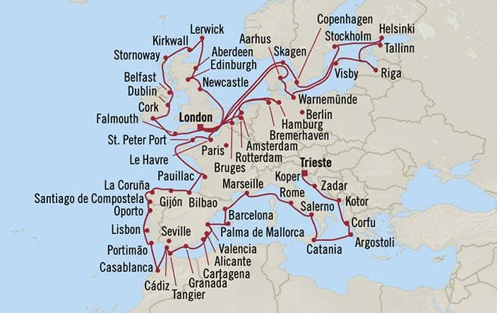 Carte de l’itinéraire Marina, Trieste → Londres (Southampton)