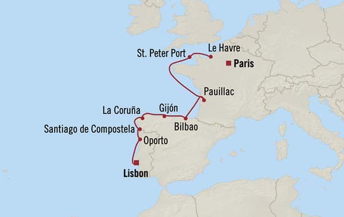 Carte de l’itinéraire Marina, Lisbonne → Paris (Le Havre)
