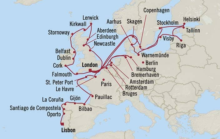 Carte de l’itinéraire Marina, Lisbonne → Londres (Southampton)
