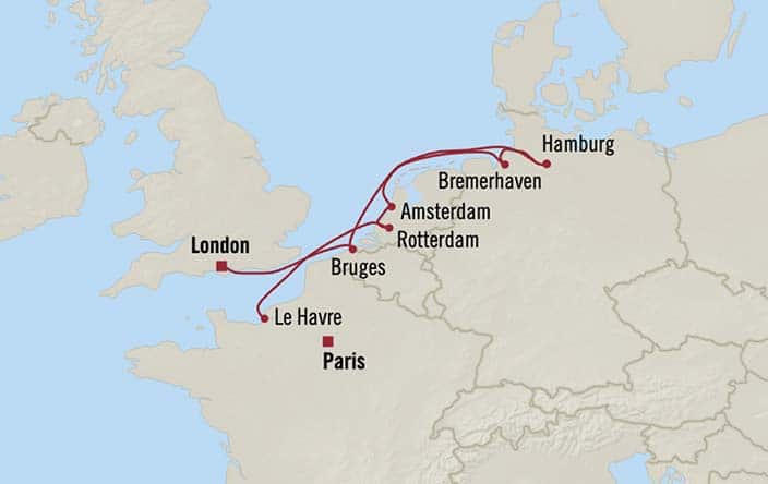 Carte de l’itinéraire Marina, Paris (Le Havre) → Londres (Southampton)