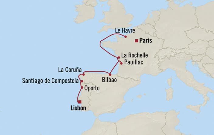 Carte de l’itinéraire Marina, Paris (Le Havre) → Lisbonne
