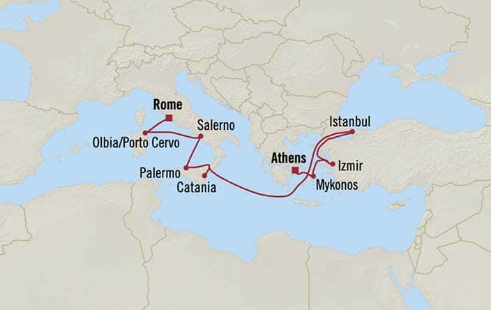 Carte de l’itinéraire Marina, Athènes (Le Pirée) → Rome (Civitavecchia)