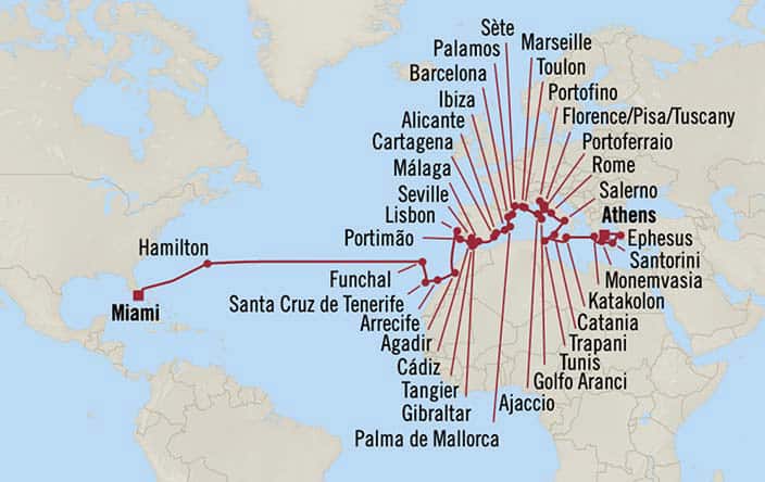 Carte de l’itinéraire Nautica, Miami → Rome (Civitavecchia)