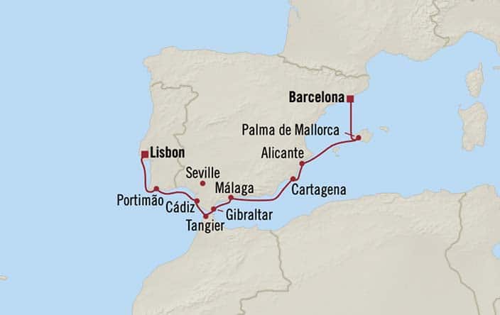 Carte de l’itinéraire Nautica, Lisbonne → Barcelone