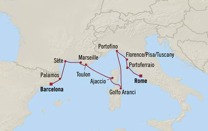 Carte de l’itinéraire Nautica, Barcelone → Rome (Civitavecchia)