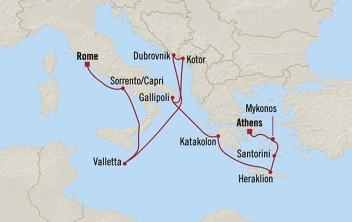 Carte de l’itinéraire Nautica, Athènes (Le Pirée) → Rome (Civitavecchia)