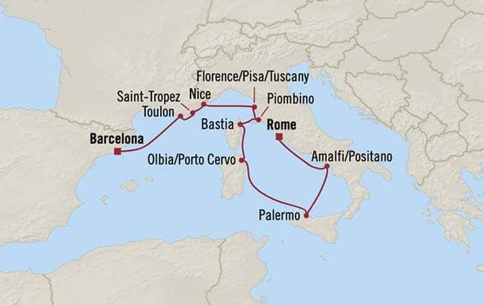 Carte de l’itinéraire Nautica, Rome (Civitavecchia) → Barcelone