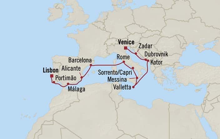 Carte de l’itinéraire Nautica, Lisbonne → Venise