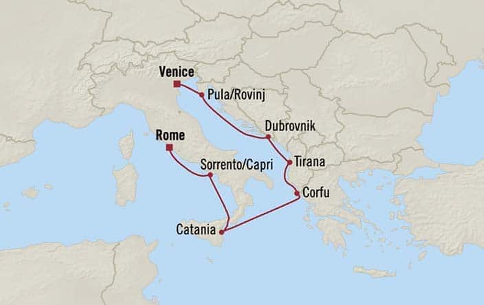 Carte de l’itinéraire Nautica, Venise → Rome (Civitavecchia)