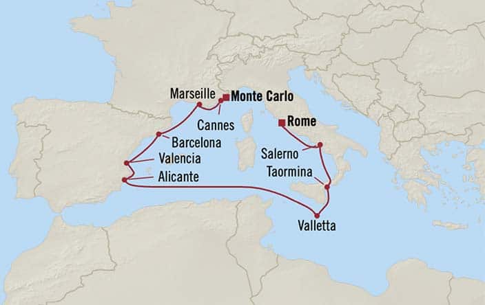 Carte de l’itinéraire Nautica, Rome (Civitavecchia) → Monte Carlo