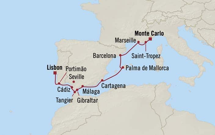 Carte de l’itinéraire Nautica, Monte Carlo → Lisbonne