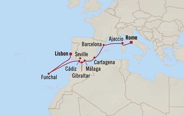 Carte de l’itinéraire Nautica, Lisbonne → Rome (Civitavecchia)