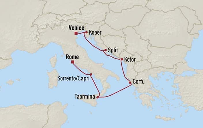 Carte de l’itinéraire Nautica, Rome (Civitavecchia) → Venise