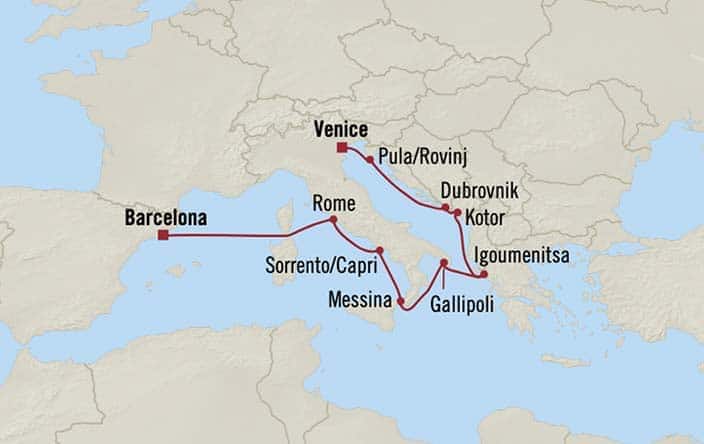 Carte de l’itinéraire Nautica, Venise → Barcelone