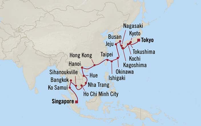Carte de l’itinéraire Nautica, Singapour → Tokyo