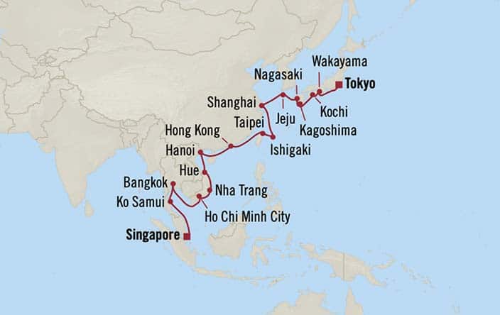 Carte de l’itinéraire Nautica, Tokyo → Singapour
