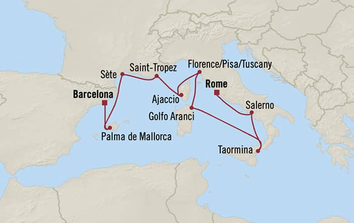 Carte de l’itinéraire Nautica, Rome (Civitavecchia) → Barcelone