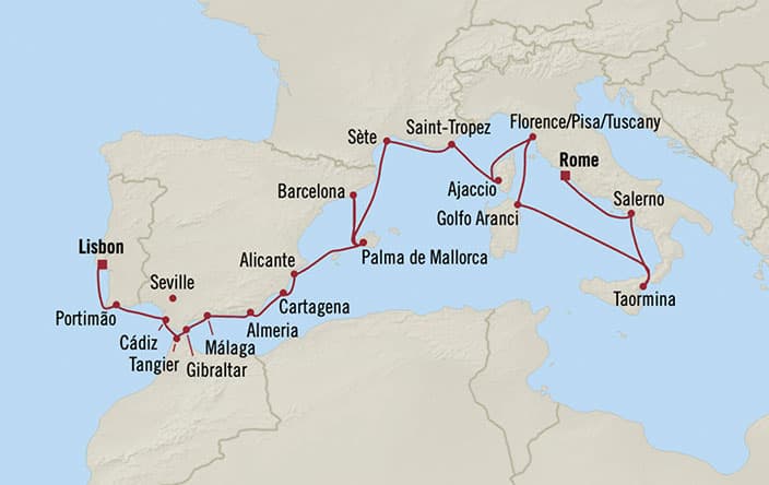 Carte de l’itinéraire Nautica, Rome (Civitavecchia) → Lisbonne