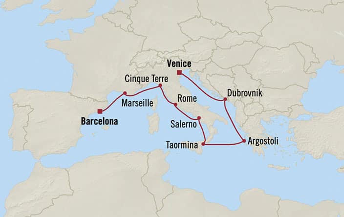 Carte de l’itinéraire Nautica, Venise → Barcelone
