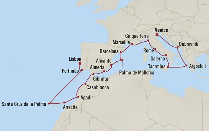 Carte de l’itinéraire Nautica, Venise → Lisbonne