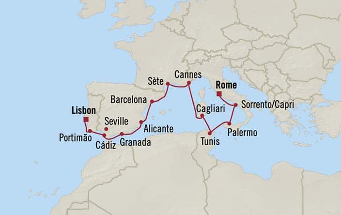 Carte de l’itinéraire Nautica, Lisbonne → Rome (Civitavecchia)