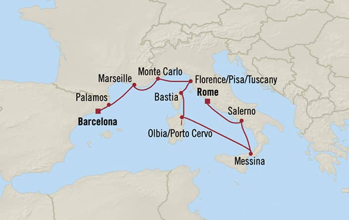 Carte de l’itinéraire Nautica, Barcelone → Rome (Civitavecchia)