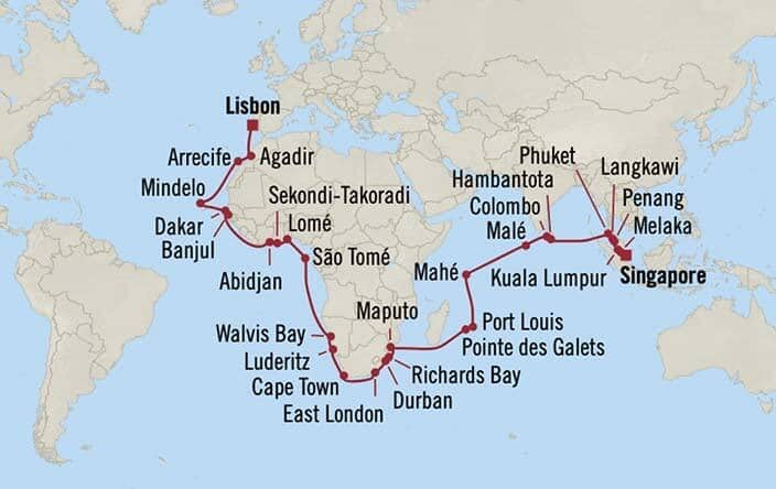 Carte de l’itinéraire Regatta, Singapour → Lisbonne