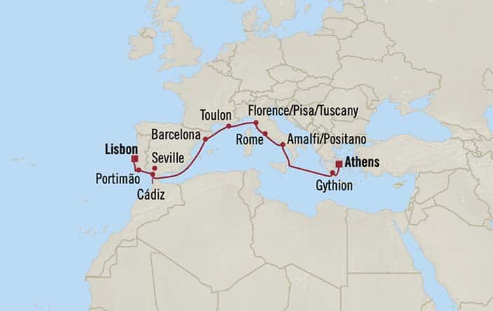 Carte de l’itinéraire Regatta, Lisbonne → Athènes (Le Pirée)