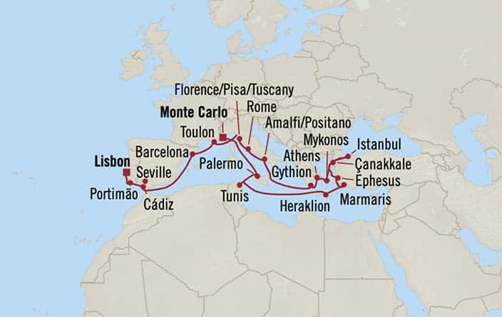 Carte de l’itinéraire Regatta, Lisbonne → Monte Carlo