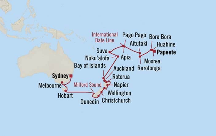 Carte de l’itinéraire Riviera, Papeete (Tahiti) → Sydney